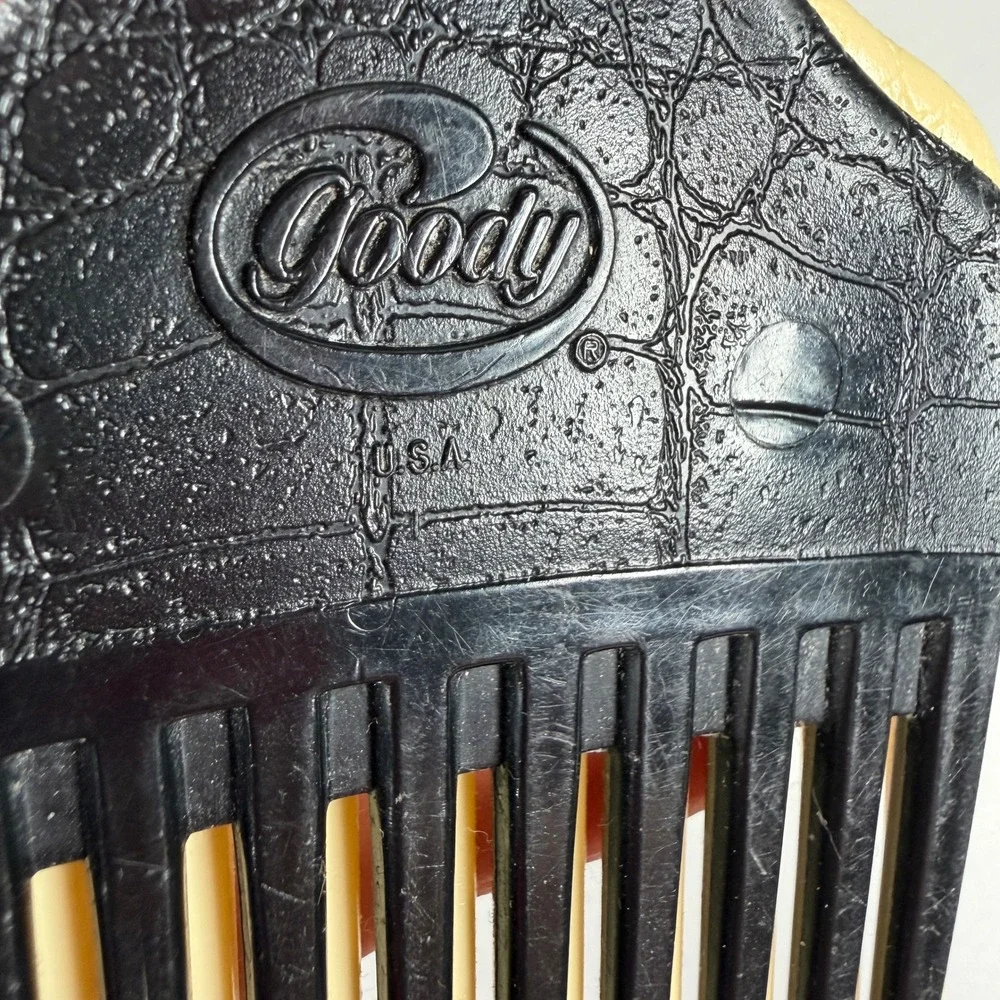 Goody Hair Pick Vintage Faux Croc Set Black Tan Lot 2 Wide Tooth Retro USA Made